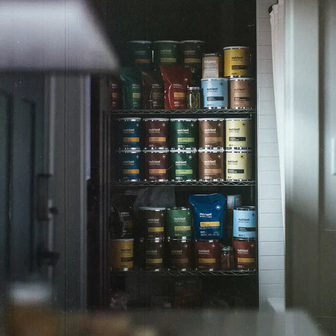 nutrient survival cans on shelf. shtf plan and shtf loadout and prepper list